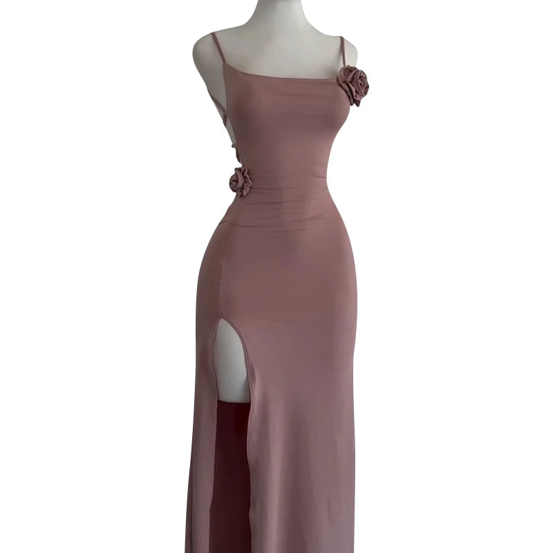 Sexy Sleeveless Slit Dress Openwork Elegant Three-dimensional Rose Slim Dress 2025 Summer Fashion Ladies Party Club Vestidos