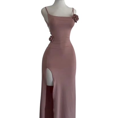 Sexy Sleeveless Slit Dress Openwork Elegant Three-dimensional Rose Slim Dress 2025 Summer Fashion Ladies Party Club Vestidos