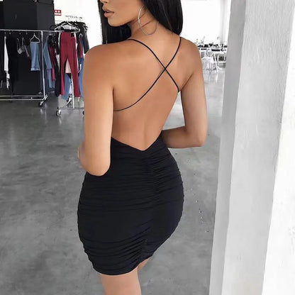 Sexy Backless Mini Dress Sleeveless Pleated Dress Black Fashion Summer Woman Club Tight Bodycon Dresses Sling