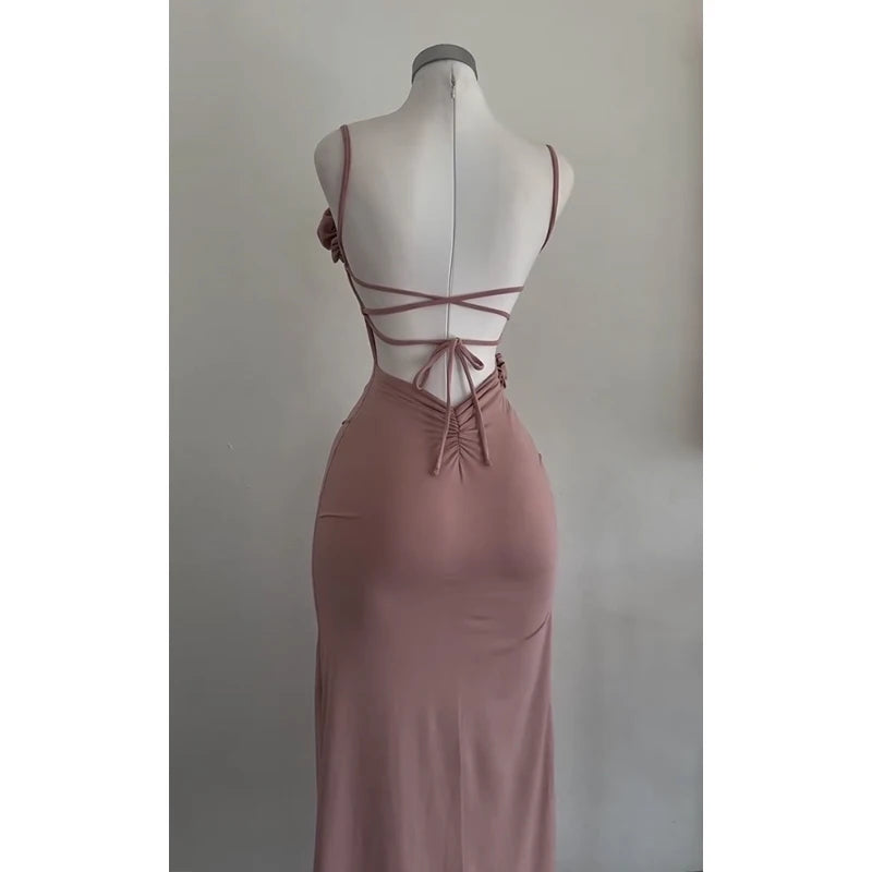 Sexy Sleeveless Slit Dress Openwork Elegant Three-dimensional Rose Slim Dress 2025 Summer Fashion Ladies Party Club Vestidos