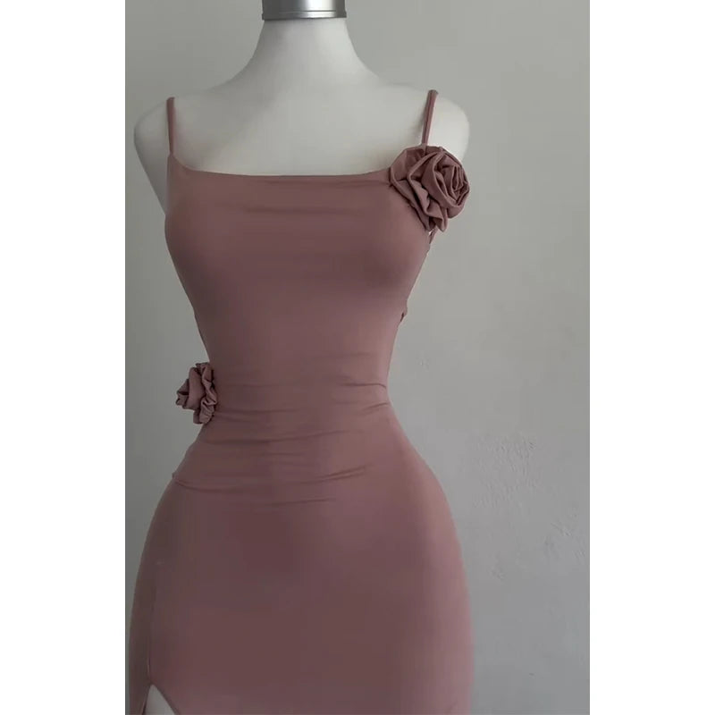 Sexy Sleeveless Slit Dress Openwork Elegant Three-dimensional Rose Slim Dress 2025 Summer Fashion Ladies Party Club Vestidos