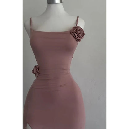 Sexy Sleeveless Slit Dress Openwork Elegant Three-dimensional Rose Slim Dress 2025 Summer Fashion Ladies Party Club Vestidos