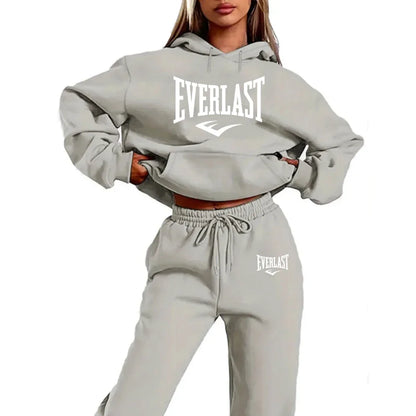 Two-piece tracksuit set with letter print for women, fashionable running sweatshirt, sports hoodie with drawstring, quality fitn