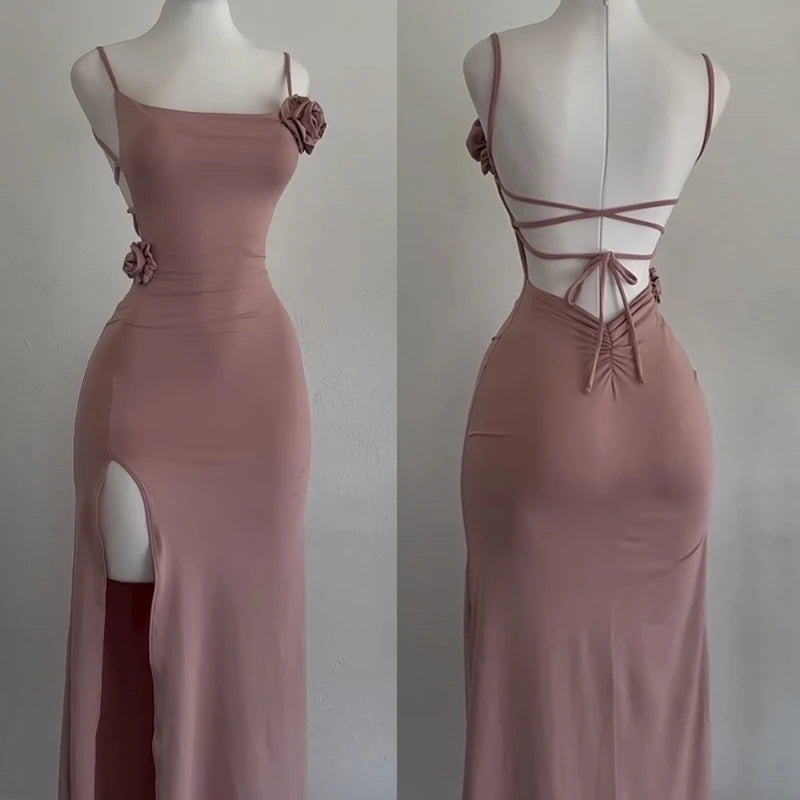 Sexy Sleeveless Slit Dress Openwork Elegant Three-dimensional Rose Slim Dress 2025 Summer Fashion Ladies Party Club Vestidos
