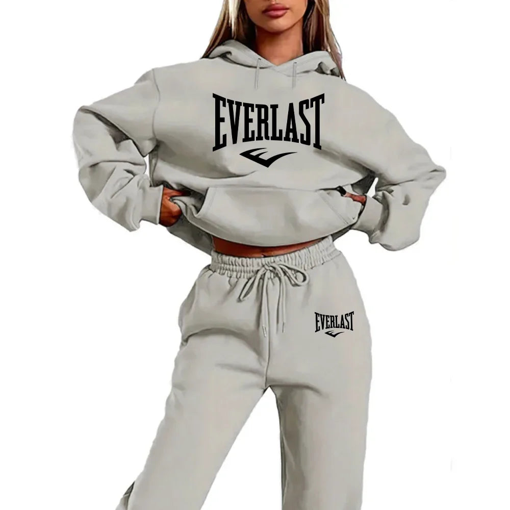 Two-piece tracksuit set with letter print for women, fashionable running sweatshirt, sports hoodie with drawstring, quality fitn