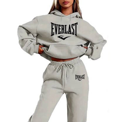 Two-piece tracksuit set with letter print for women, fashionable running sweatshirt, sports hoodie with drawstring, quality fitn