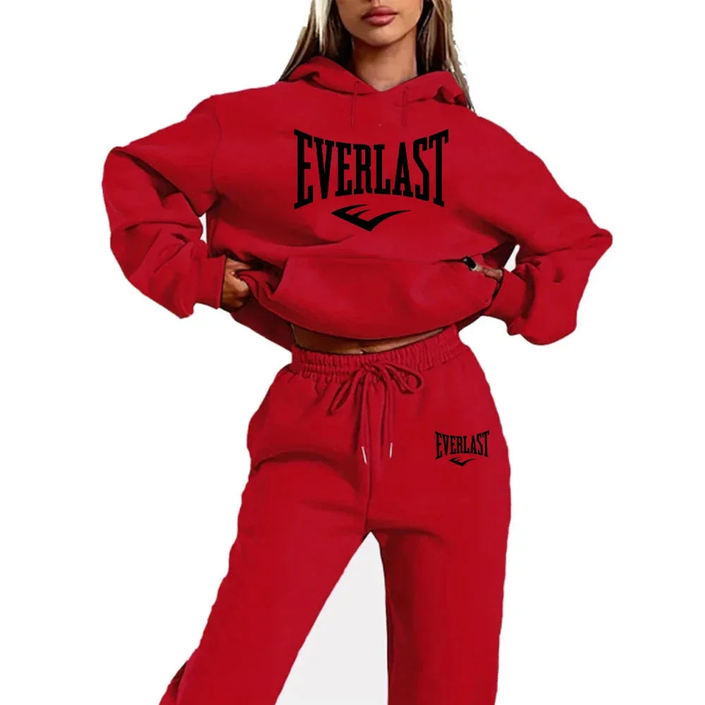 Two-piece tracksuit set with letter print for women, fashionable running sweatshirt, sports hoodie with drawstring, quality fitn