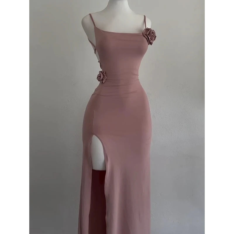 Sexy Sleeveless Slit Dress Openwork Elegant Three-dimensional Rose Slim Dress 2025 Summer Fashion Ladies Party Club Vestidos