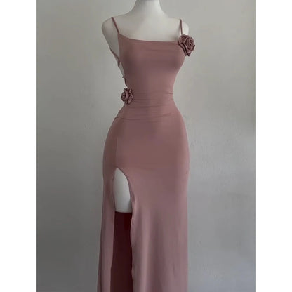 Sexy Sleeveless Slit Dress Openwork Elegant Three-dimensional Rose Slim Dress 2025 Summer Fashion Ladies Party Club Vestidos