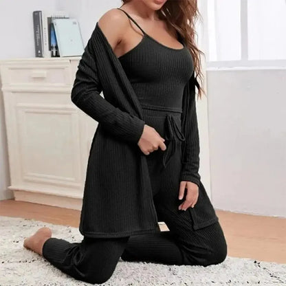 3Piece Women Sets Sling Tops Pants Robe Pajamas Lounge Home Wear Pyjama Pour Femme Slim Fit Loungewear